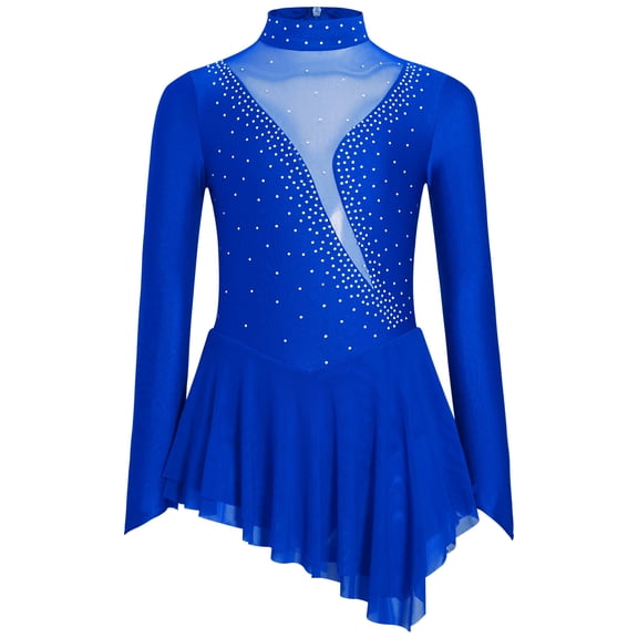 TiaoBug Kids Girls Figure Ice Skating Dress Long Sleeve Glittery Sheer Mesh Dance Competition Leotard Blue 8