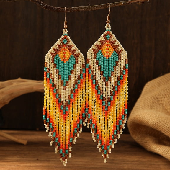style Geometric Glass Seed Bead Handmade Tassel Dangle Earrings for Women