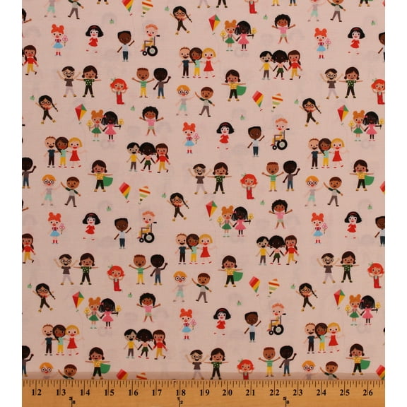 Cotton Kids Children Flying Kites Playing Friends Bright Days Natural Cotton Fabric Print by the Yard (AAK-20599-14NATURAL)