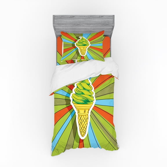 Ambesonne Art Bedding Set 3 Pcs, Ice Cream on a Cone, Twin, Lime Green Multicolor