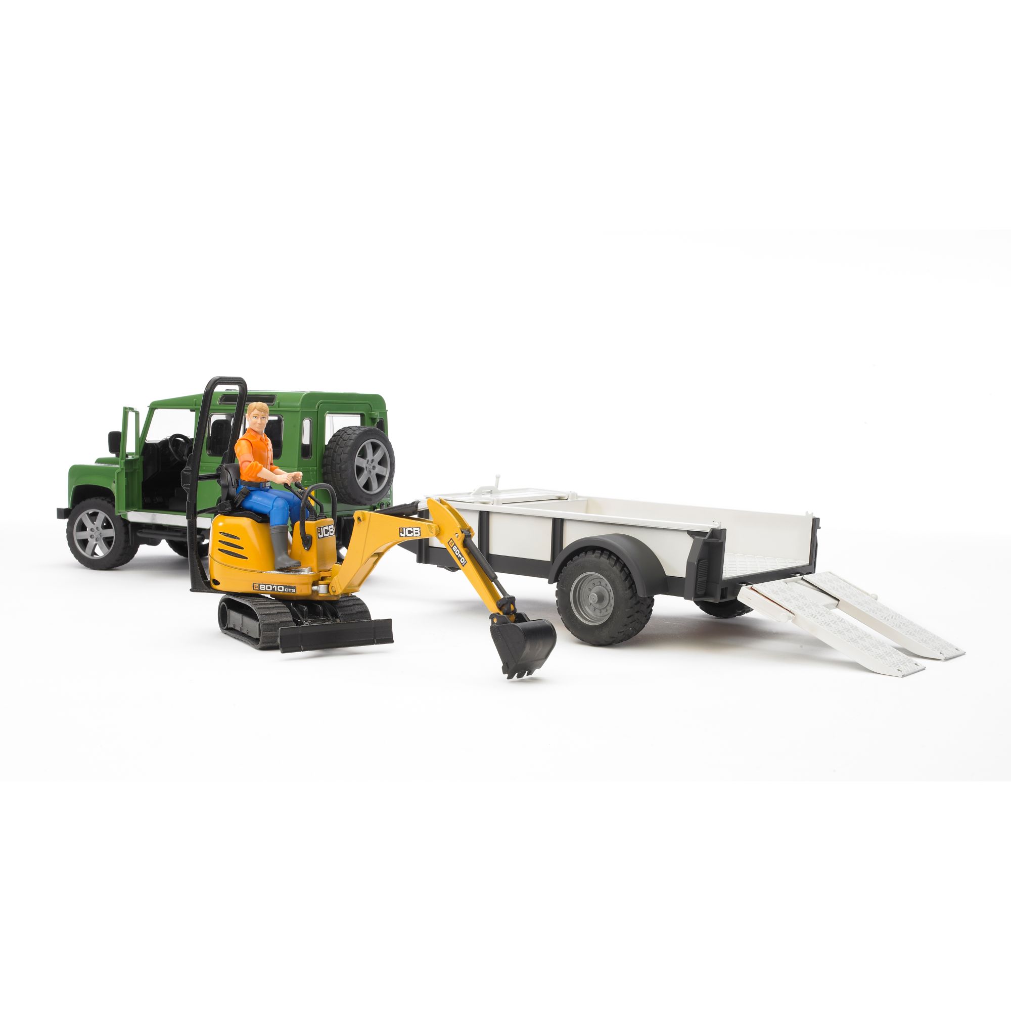 bruder land rover defender with trailer jcb excavator and worker