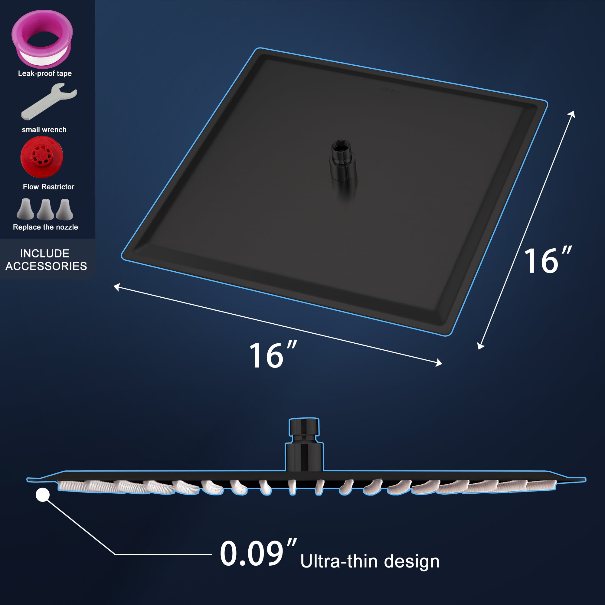 16 Inch Black Rain Shower Head, Square Ultra Thin 304 Stainless Steel High Pressure Shower Head, Large Rainfall Shower Head Full Body Coverage Modern Waterfall Shower Head