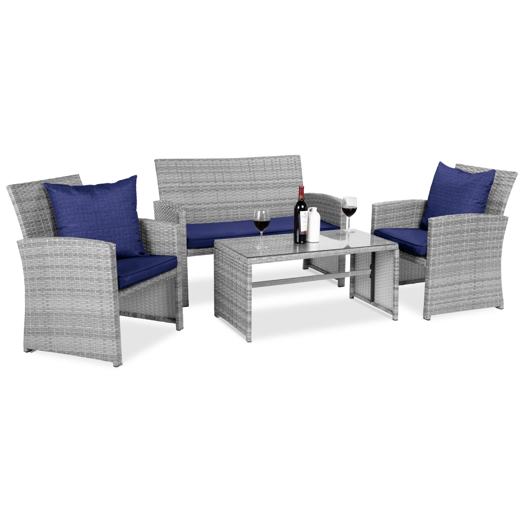 Best Choice Products 4 Piece Wicker Patio Conversation Furniture Set W 4 Seats Tempered Glass Tabletop Gray Navy Walmart Com