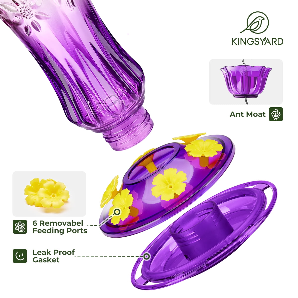 Kingsyard Hummingbird Feeder for Outdoors Hanging, 25 Ounces Leak Proof, Glass Humming Bird Nectar Feeder with Ant Moat & 6 Bee Guard Feeding Ports, Purple Gradient