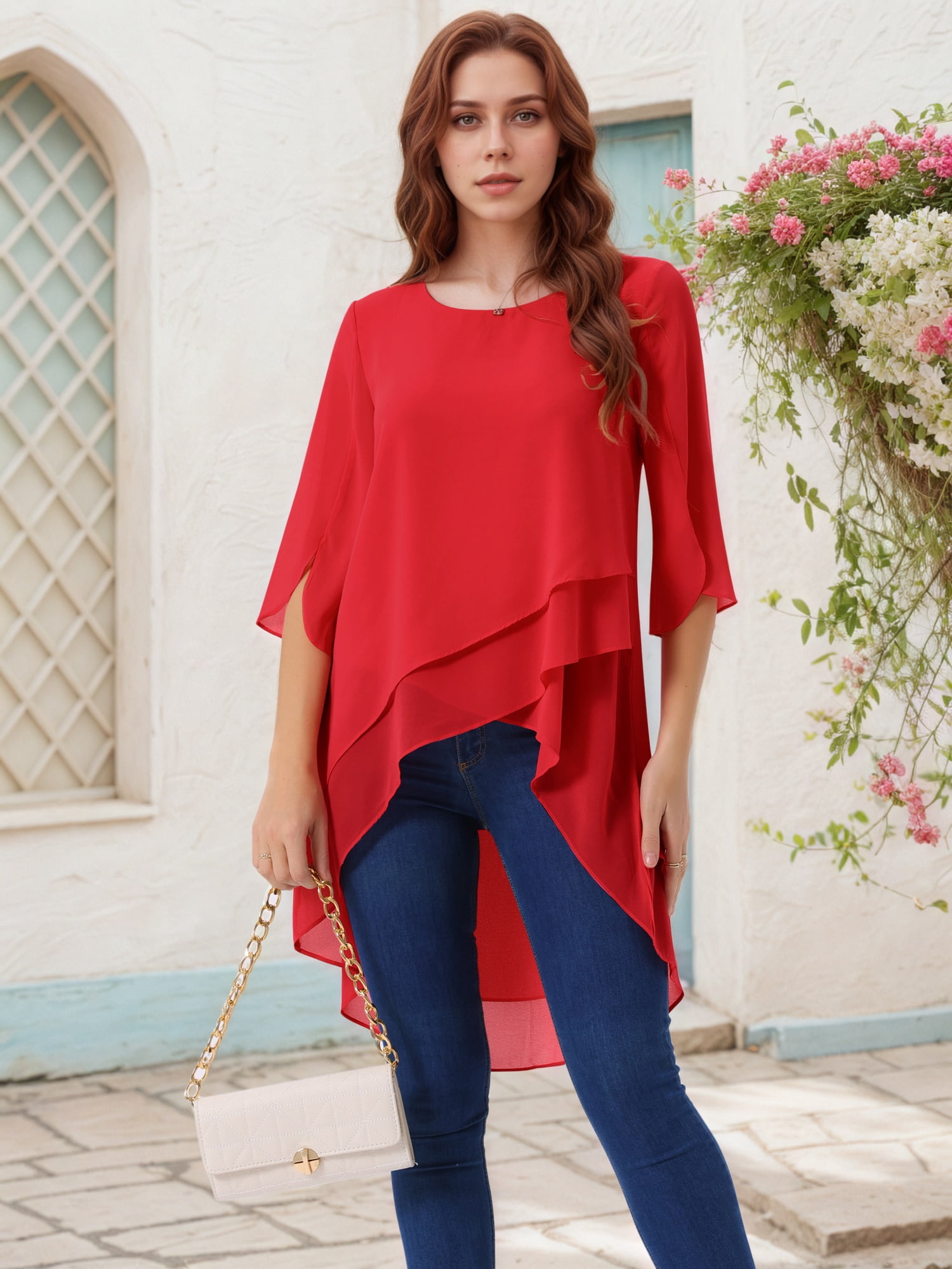 DARING DIVA Women's 3/4 Sleeve High Low Hem Scoop Neck Chiffon Blouses XL Red
