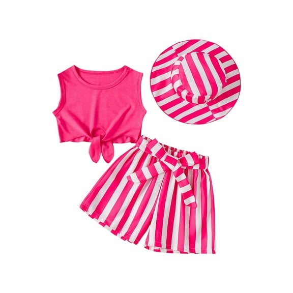 ZACPNCV Toddler Girls Summer Clothes Short Sleeve Tops and Shorts Set with Hats Cute Kids Outfits Hot Pink 3-4 Years