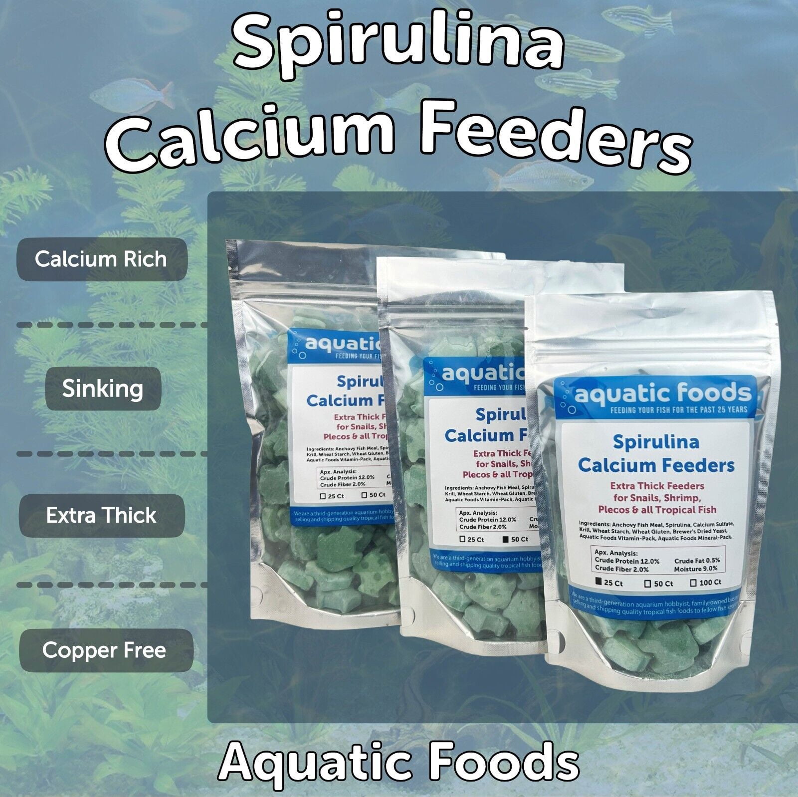 Aquatic Foods Inc. Spirulina Enriched Calcium Feeders for Shrimp, Snails, Crabs, Crayfish, Pleco, Catfish, All Tropical Fish…100 Count Bag
