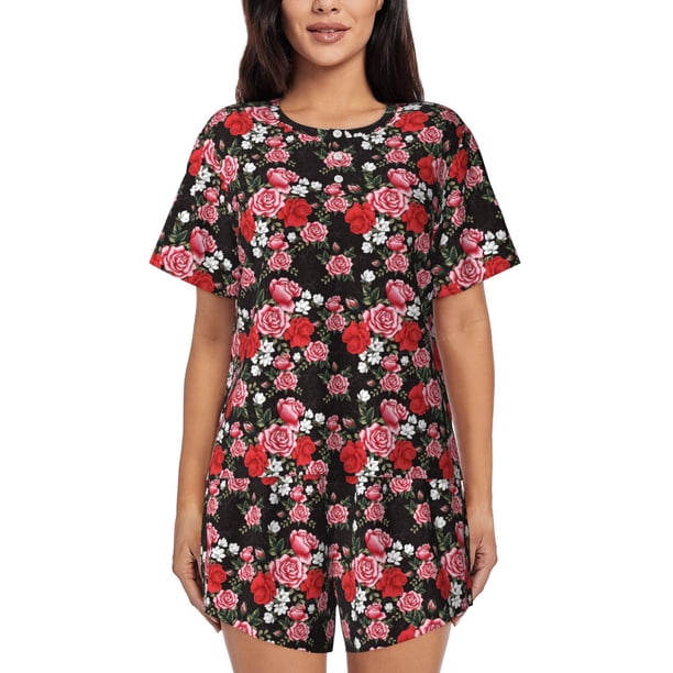 Fotbe Rose Flowers Conjunto de Pijama Estampado para Mujer, 2 Piezas, Ropa de Dormir con Camiseta de Manga Corta y Shorts Suaves-4X-Large