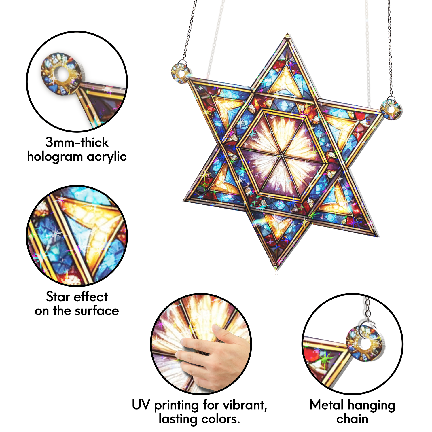 89Bloom Star of David Stained Glass Hologram Ornament, Stained Glass Suncatcher Ornaments Home Decor, Holographic Ornaments