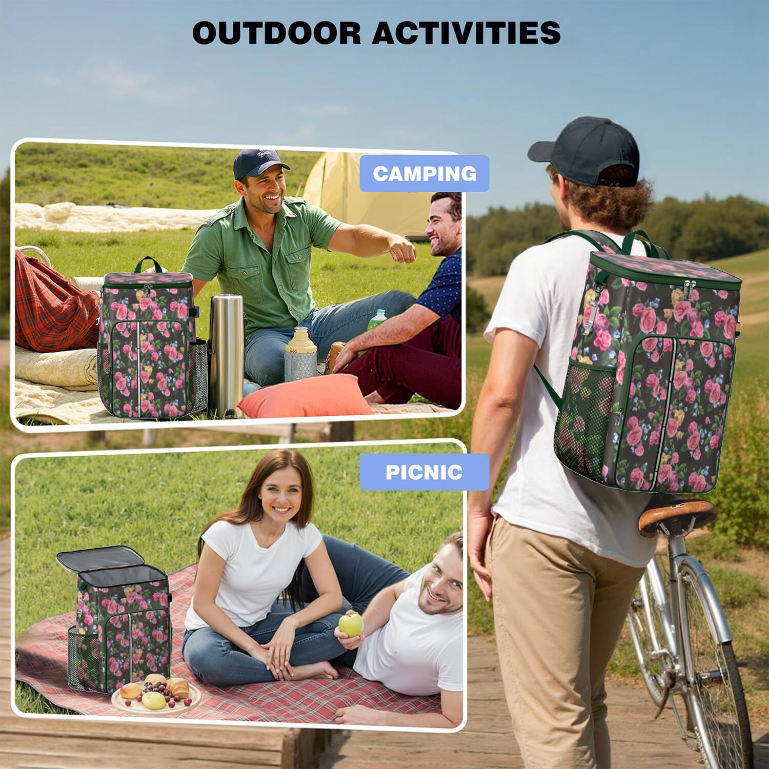 Travel Cooler Bag - Pioneer Flower Floral Print Pattern Camping Beer Cooler Backpack with Bottle Opener- Waterproof Insulated Picnic Backpacks - Cooler Bag for Beach