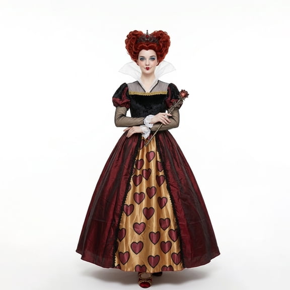 Gothic Queen of Hearts Costume Vintage Royal Red Gown Dress with High Collar for Adult Halloween Cosplay Outfit