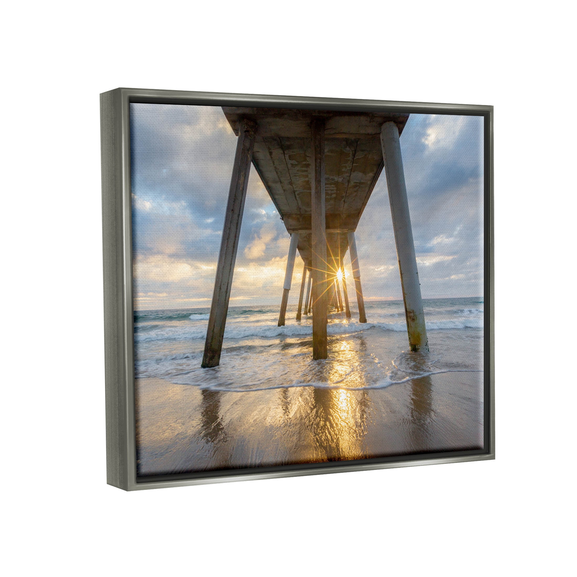 Looming Pier Beach Waves Coastal Photograph Luster Gray Framed Art Print Wall Art