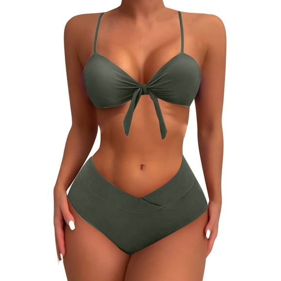 Efsteb Womens Bikini Set High Waist Beach Bikini Solid Color Summer V Neck Bathing Suit High Waist Two Piece Swimsuits Swimwear (Army Green,M)