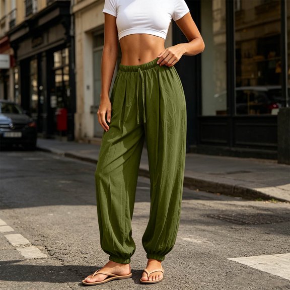 Ynynloco Womens Summer Casual Cotton Linen Pants Drawstring Elastic High Waisted Work Trousers Joggers Trendy Harem Pants with Pockets