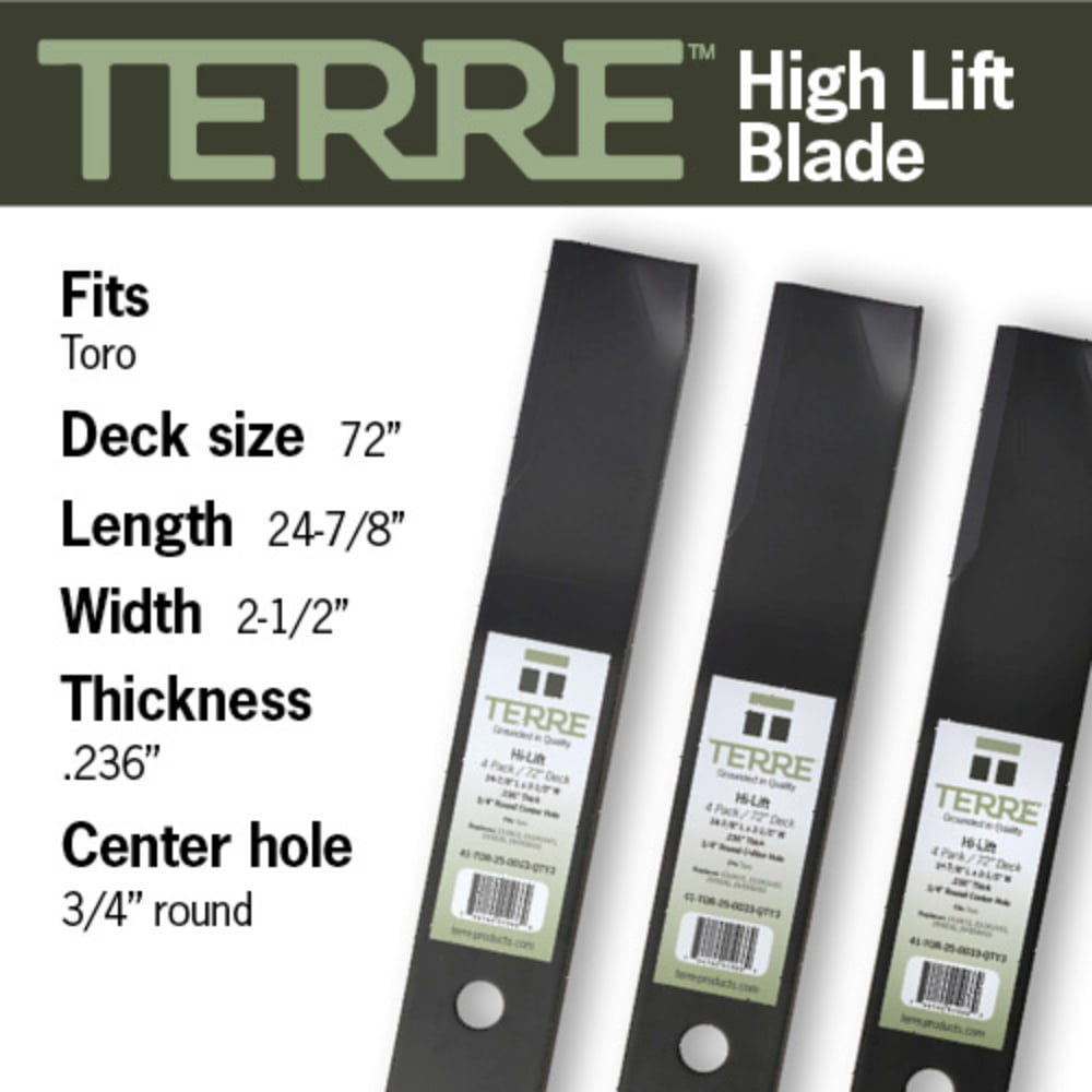 Terre Products, 3 Pack Hi Lift Lawn Mower Blades, 72 Inch Deck, Compatible with Toro, Replacement for 23-2410, 23-2410-03, 29-5530, 29-5530-03