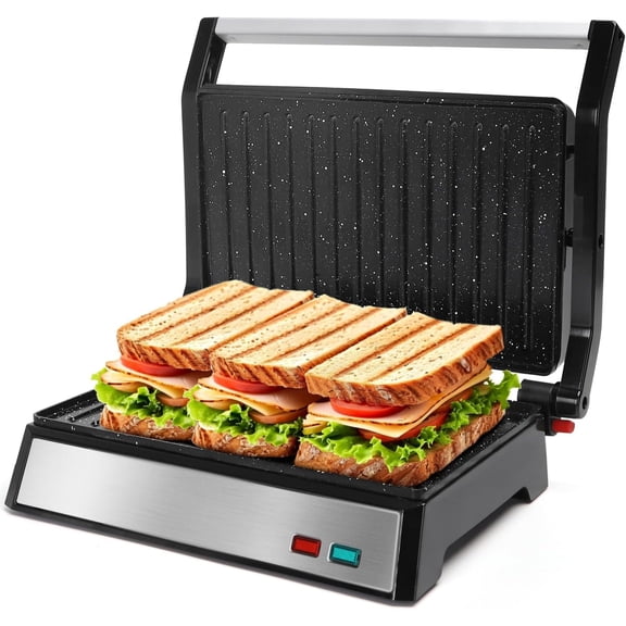 Press, 1200W Sandwich Maker and  Indoor Grill with Ceramic Non- Coated Plates, Opens 180?to Fit Any Size of , Stainless  Surface & Removable Drip Tray,