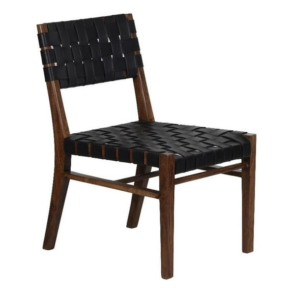 Pemberly Row Genuine Leather Basket-Woven Dining Chair in Brown