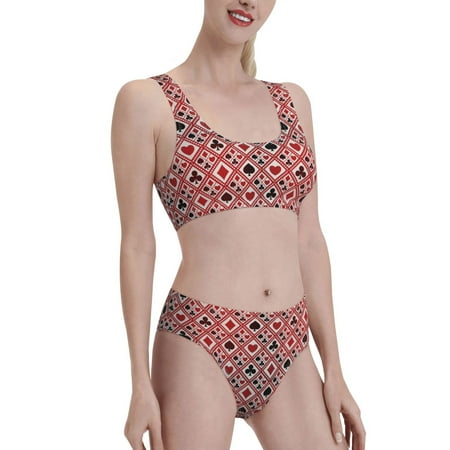 Uemuo Poker Printed Women s High Waisted Bikini Sets Sporty Two Piece Swimsuits Color Block Cheeky High Cut Bathing Suits-Large