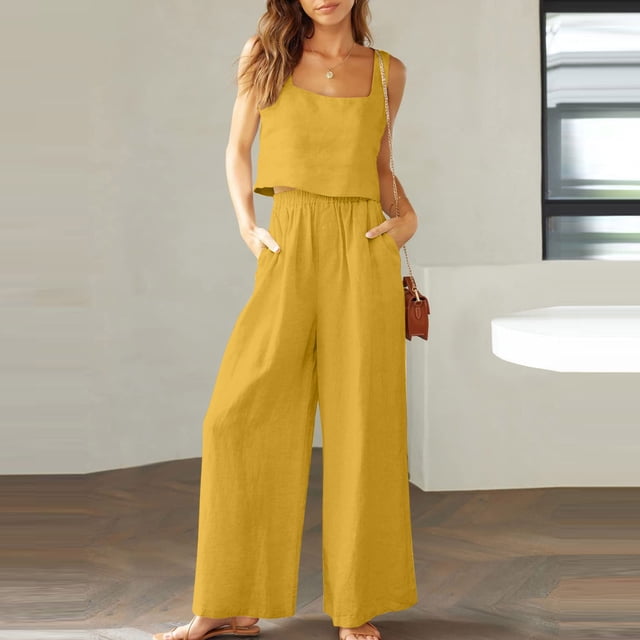 ICHUANYI ClearanceWomen's 2-piece Casual Suit Linen Shorts Sleeveless Top Vest Sleeveless Crewneck Top/Shirt Suit(Yellow, XXL) ICHUANYI WER20232080505984