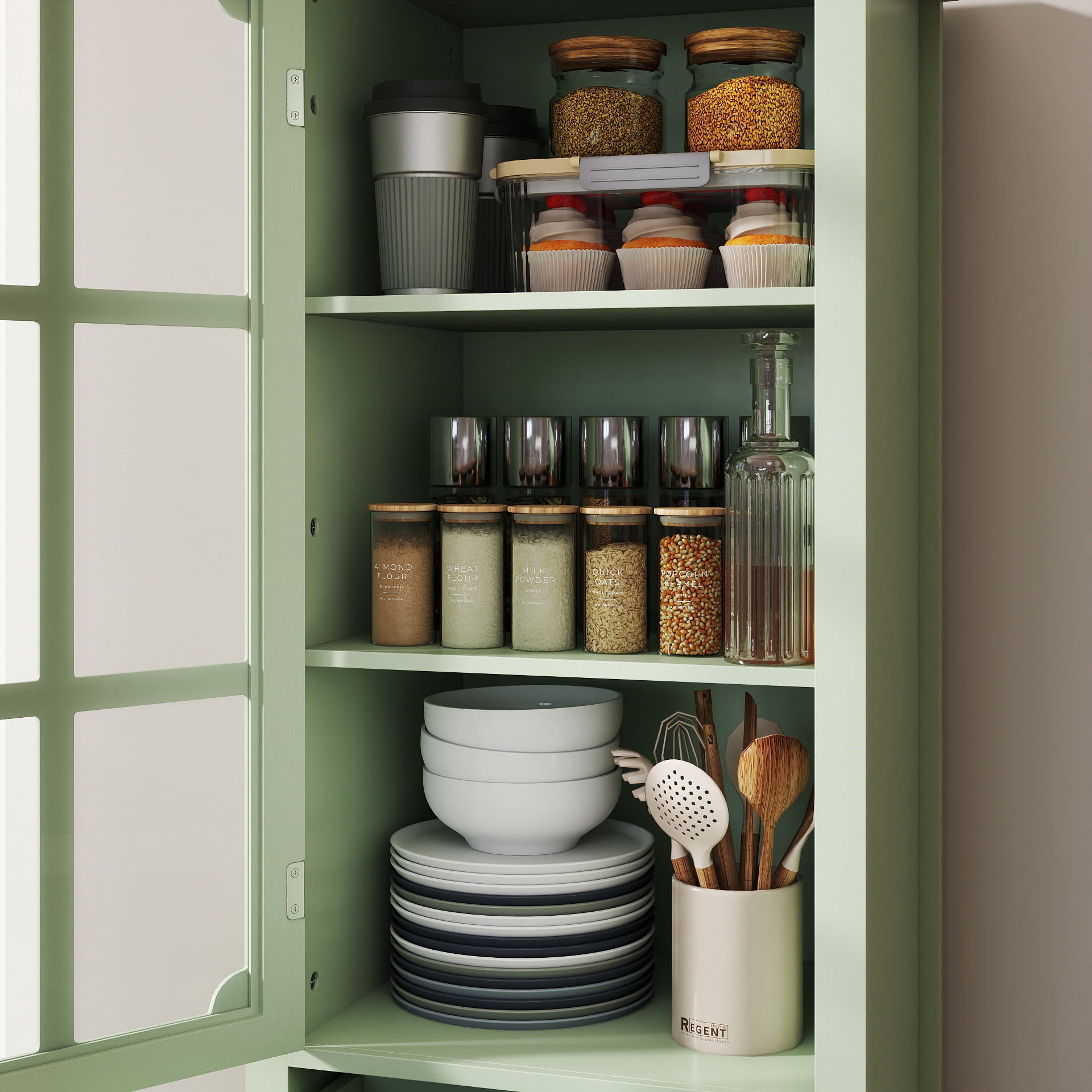 Aukfa Tall Buffet Pantry Cabinet,2 Drawers Wood Sideboard Cupboard for Dining Room Hallway Entryway,Green