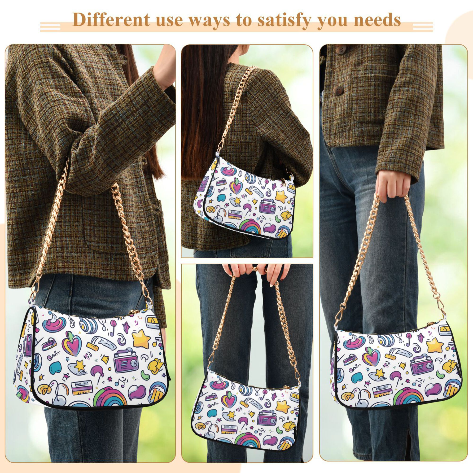 FORMRS Womens Shoulder Bag with Chain Strap Clutch Purse Cute Tote Handbag, Purple Doodle Pattern