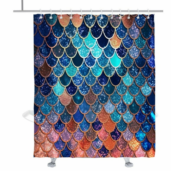 Oceanic Tail Geometric Shower Curtain Set - Blue & Orange Bath Decor with Grommet Hooks, 72x72 inches