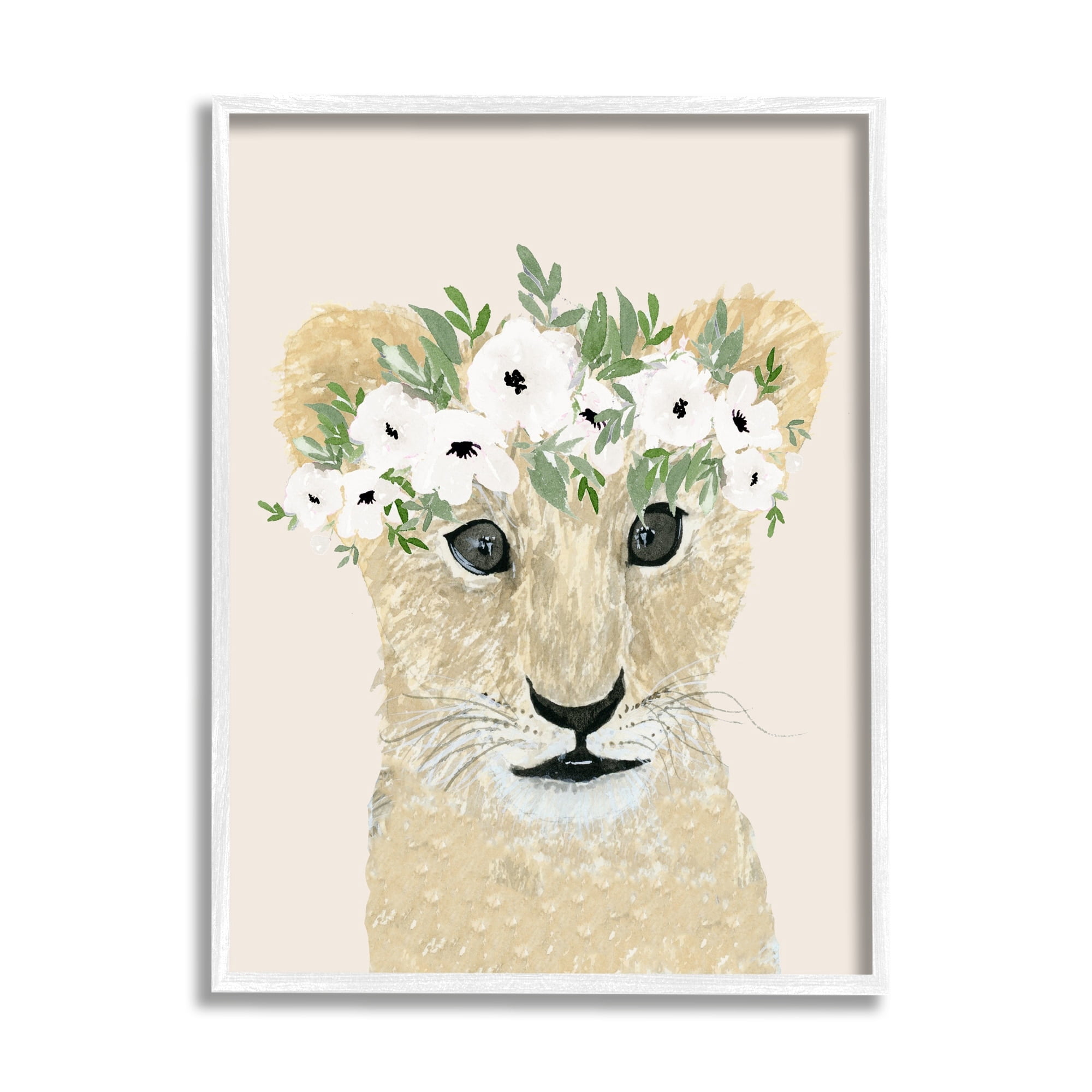 Stupell Industries Big Eye Baby Lion Floral Crown Children's Safari, 16 x 20, Design by Lucille Price