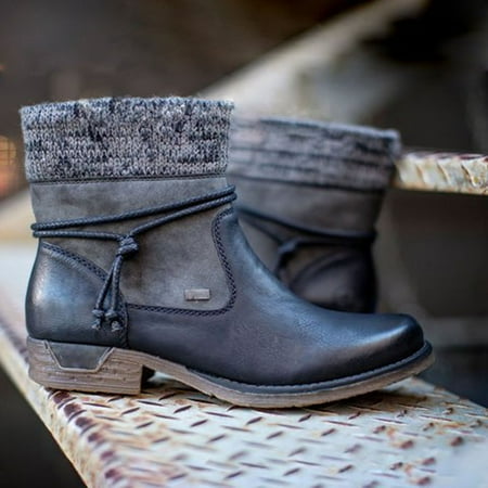 

Christmas Gift Juebong Women s Round Toe Leather Stitching Side Zipper Thick Heel Warm Low Heel Boots