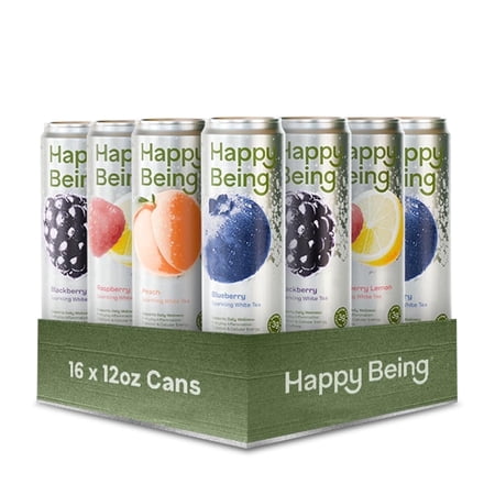 Happy Being White Tea Sparkling Variety Pack – Blueberry Blackberry Peach Raspberry Lemon Antioxidant & Polyphenol Rich Infused with Turmeric Elderberry Plant-Based (16 Pack)