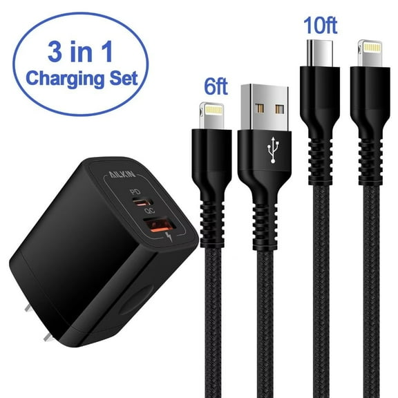 AILKIN Compatible with iPhone Charger Fast Charging Block with Charging Cables 10ft Cords,20W PD USB C Charger Fast Charging Station Charger Blocks Compatible with iPhone 14/13/12/11