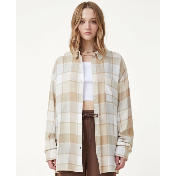 Cotton On MIKA CHECK EARTHY SAND Women's Boyfriend Plaid Shirt, US X-Large