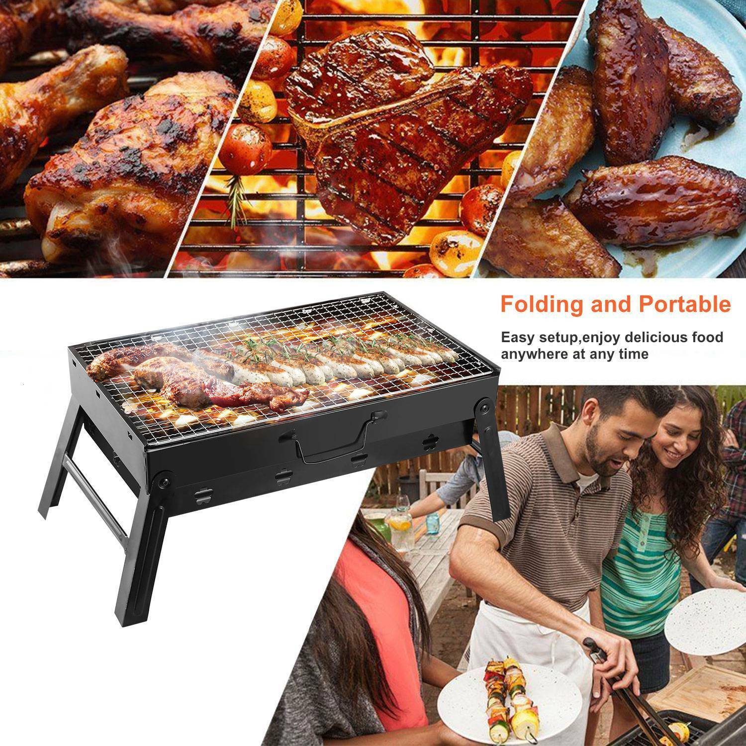 YouLoveIt Foldable BBQ Grill Camping Barbecue Smoker Portable Stainless Steel Smoker BBQ, Charcoal Grill for Picnic Garden Terrace Camping Travel, 17.7x11.0x8.7" - image 1 of 8