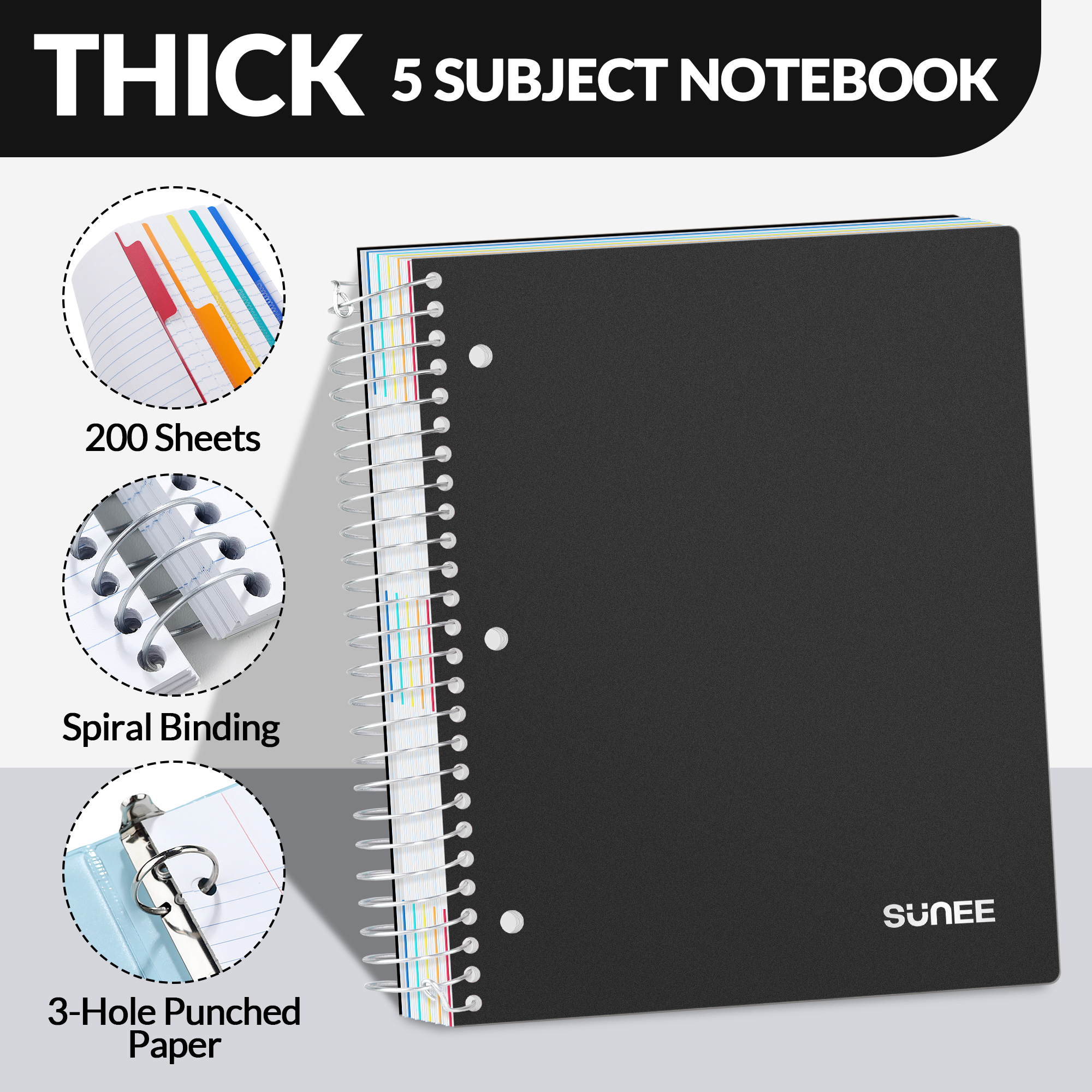 Sunee 5-Subject Spiral Notebook, College Ruled, 400 Pages photo 3