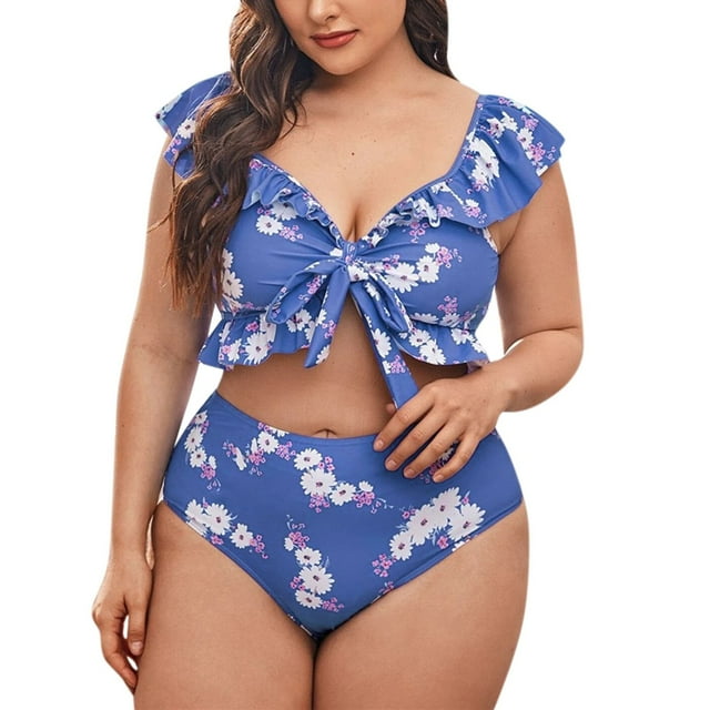 Women Swimsuits Ruffle Swimmwear Printed Plus Size Gathering Tankinis Set Blue Bathing Suit for Women L
