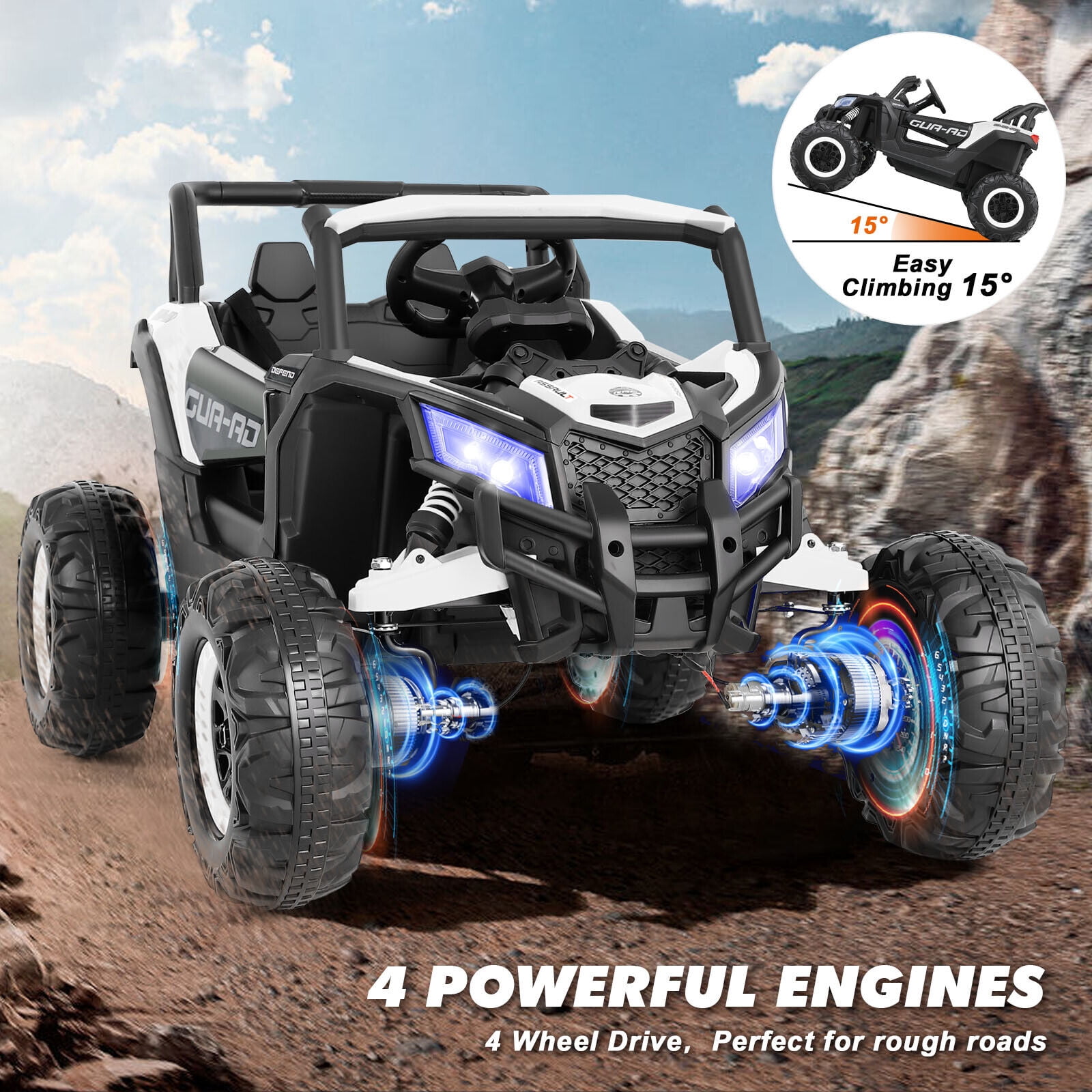 JOYLDIAS 12V Battery Kids 4WD Ride On Car Off-Road UTV 4X4 Electric Vehicle w/4 Powerful Engines,Remote Control,Music,Bluetooth,LED Lights(White)