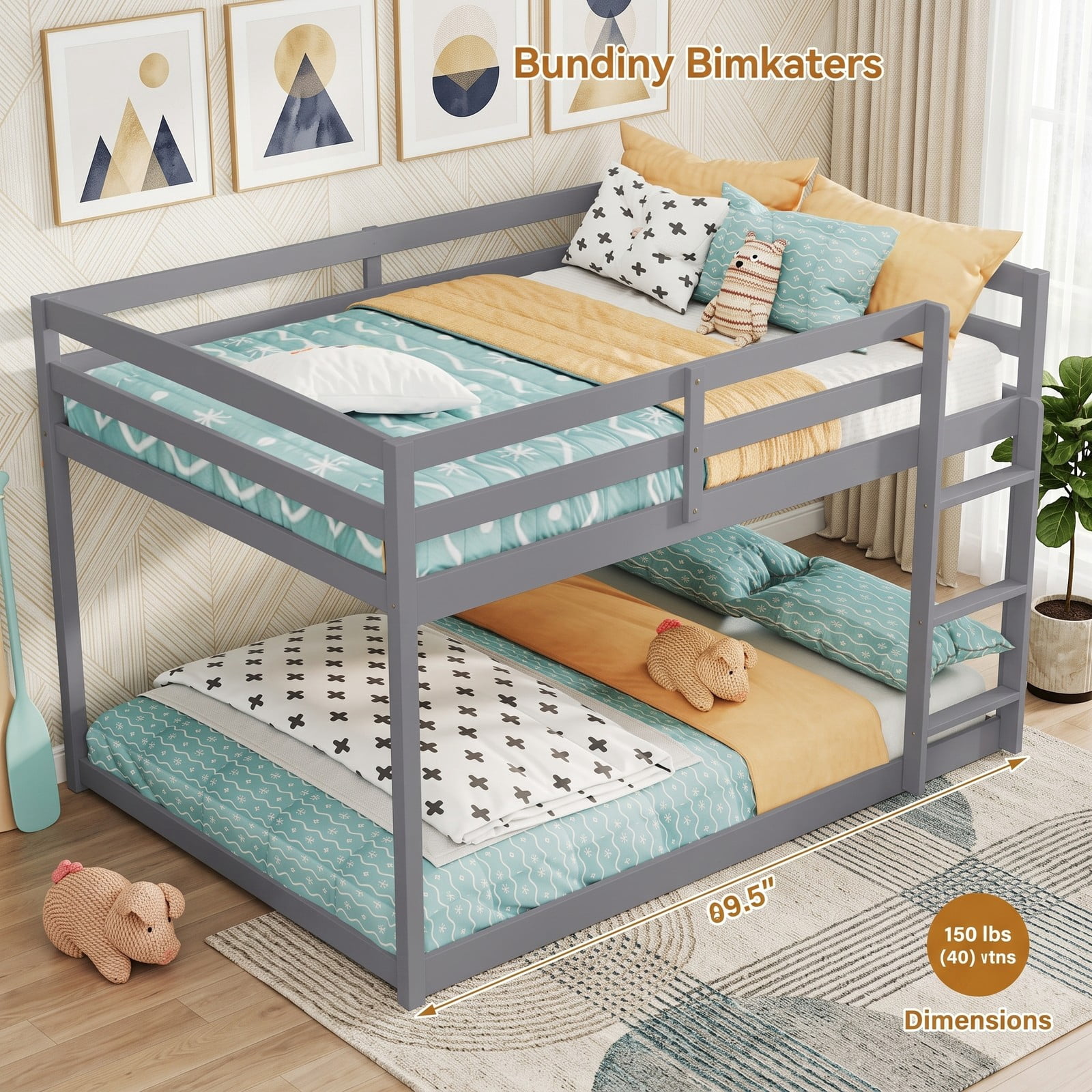 Furnibear Full Over Full Low-to-ground Wood Bunk Bed with Guardrails and Integrated Ladder for Kids and Shared Rooms, Gray