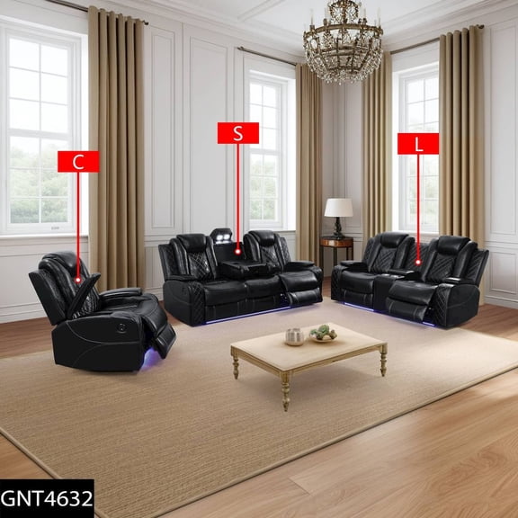 FUOROLA Max Power Recliner Living Room Set with LED Black