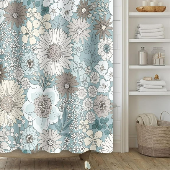 Vintage Flower Shower Curtain Colorful Floral Flower Shower Curtain Set for Bathroom Sage Green Leaves Fabric Bath Curtain with Hooks, 60x72in