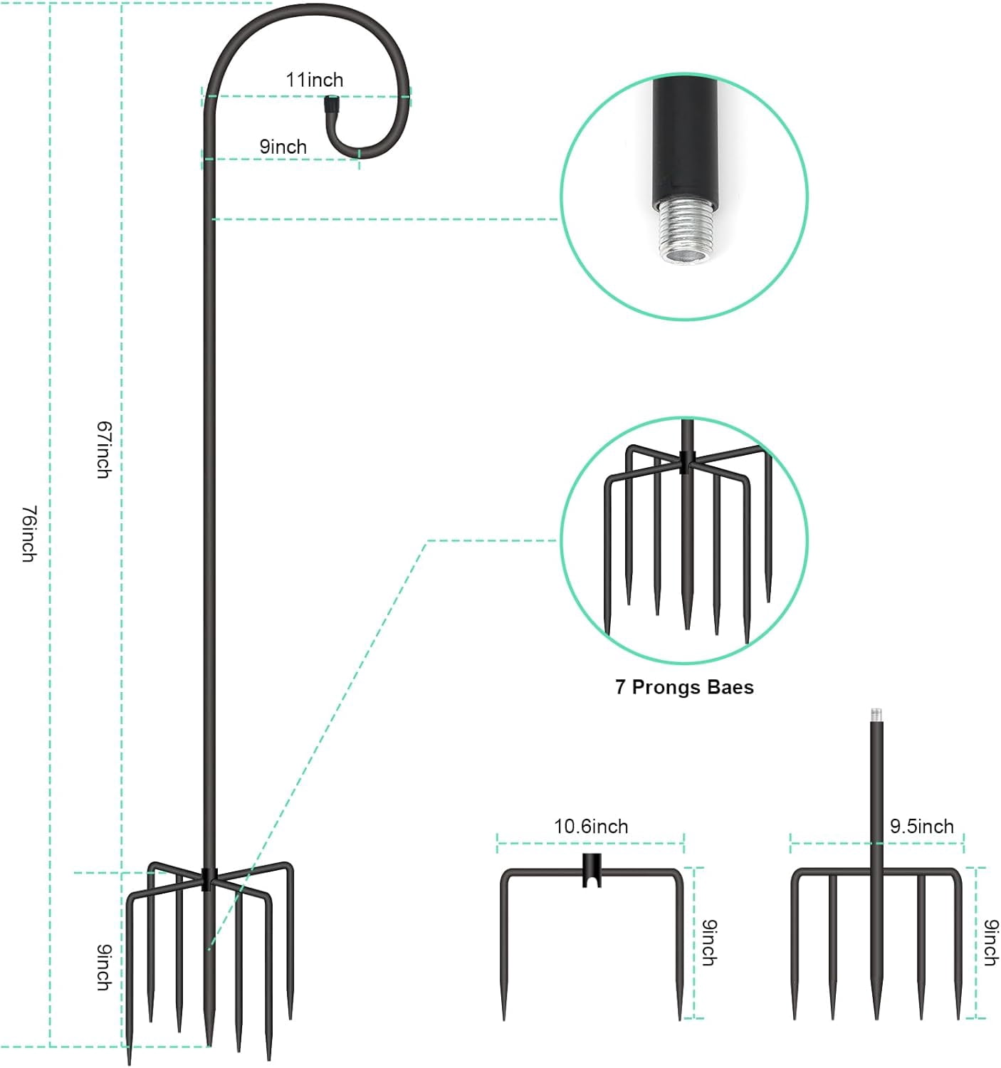 Adjustable Shepherds Hook for Outdoor 76 Inch Bird Feeder Pole with 7 Prongs Base, 5/8 Inch Thick Heavy Duty for Hanging Bird Feeder, Plant Basket