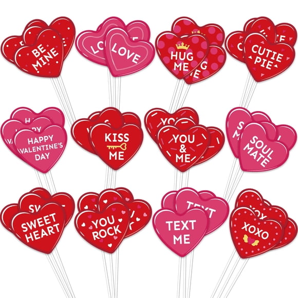 Whaline 60 Pcs Décorations de Cupcakes pour la Saint-Valentin Picks de Cupcakes Cœur Rouge Rose Dictons Cœur d'Amour pour Décoration de Gâteau de Mariage Fiançailles, 12 Designs
