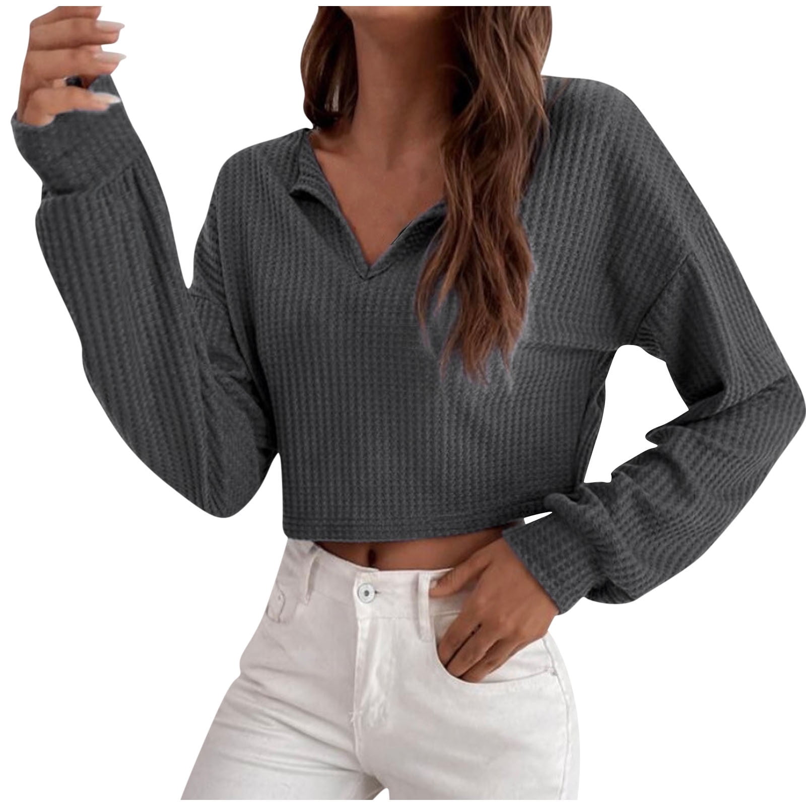 Women's Long Sleeve Waffle Knit Cropped Tops V Neck Tunic