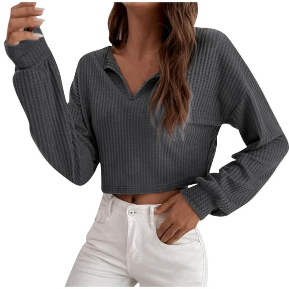 Women's Long Sleeve Waffle Knit Cropped Tops V Neck Tunic Shirts Pullover Trendy Solid Y2K Blouses Blue,L