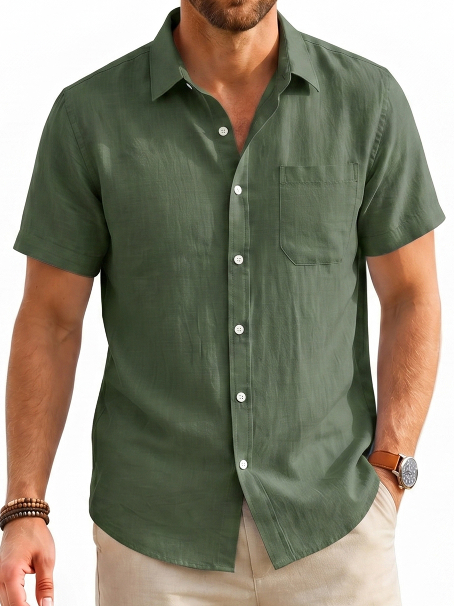 Men's Cotton Linen Short Sleeve Shirts Casual Button Down Shirts Summer Green Tops with Pocket XL