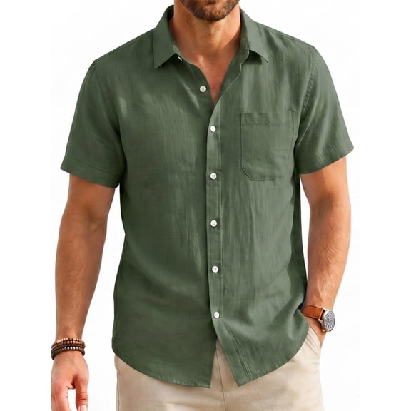 Men's Cotton Linen Short Sleeve Shirts Casual Button Down Shirts Summer Green Tops with Pocket XL