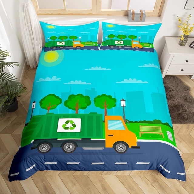 Garbage Truck Duvet Cover Twin Size,Green Truck Comforter Cover Cartoon