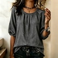 thumbnail image 6 of Craaazy Womens 3/4 Sleeve Blouses Basic Solid Color Round Neck Gathered Neck Elastic Cuff Linen Look Casual Pullover Top for Women Spring Summer Daily Wear, 6 of 6