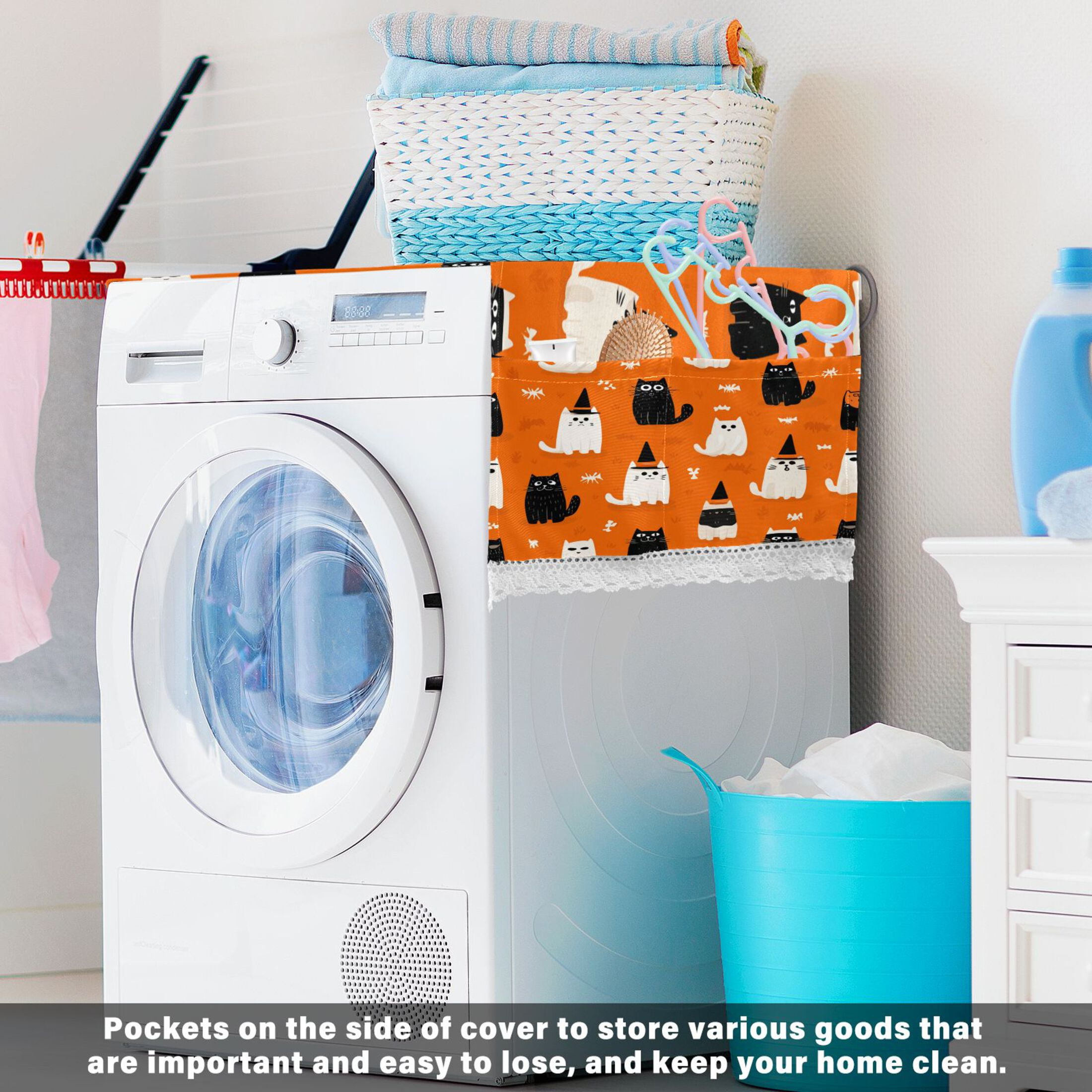 Dustproof Washing Machine Cloth Washer and Dryer Top Covers, Fridge Dust Cover, With Storage Bags Black Cat and White Cat