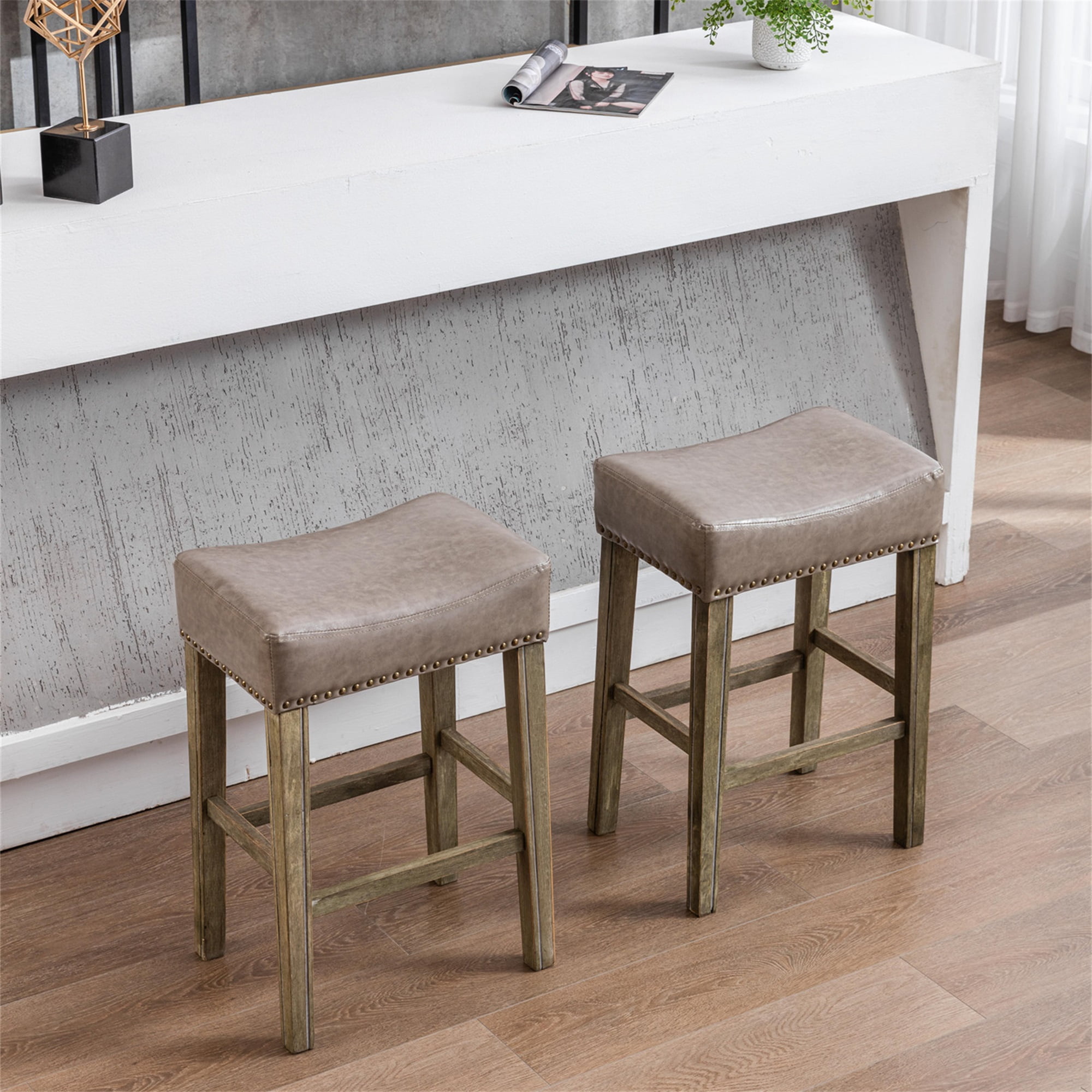 Yardi Yard Leather Backless 26" Bar Stools Set of 2 , Saddle Seat Pub Chair for Kitchen Dining Room, Gray Yardi Yard Leather Backless 26" Bar Stools Set of 2 , Saddle Seat Pub Chair for Kitchen Dining Room, Gray