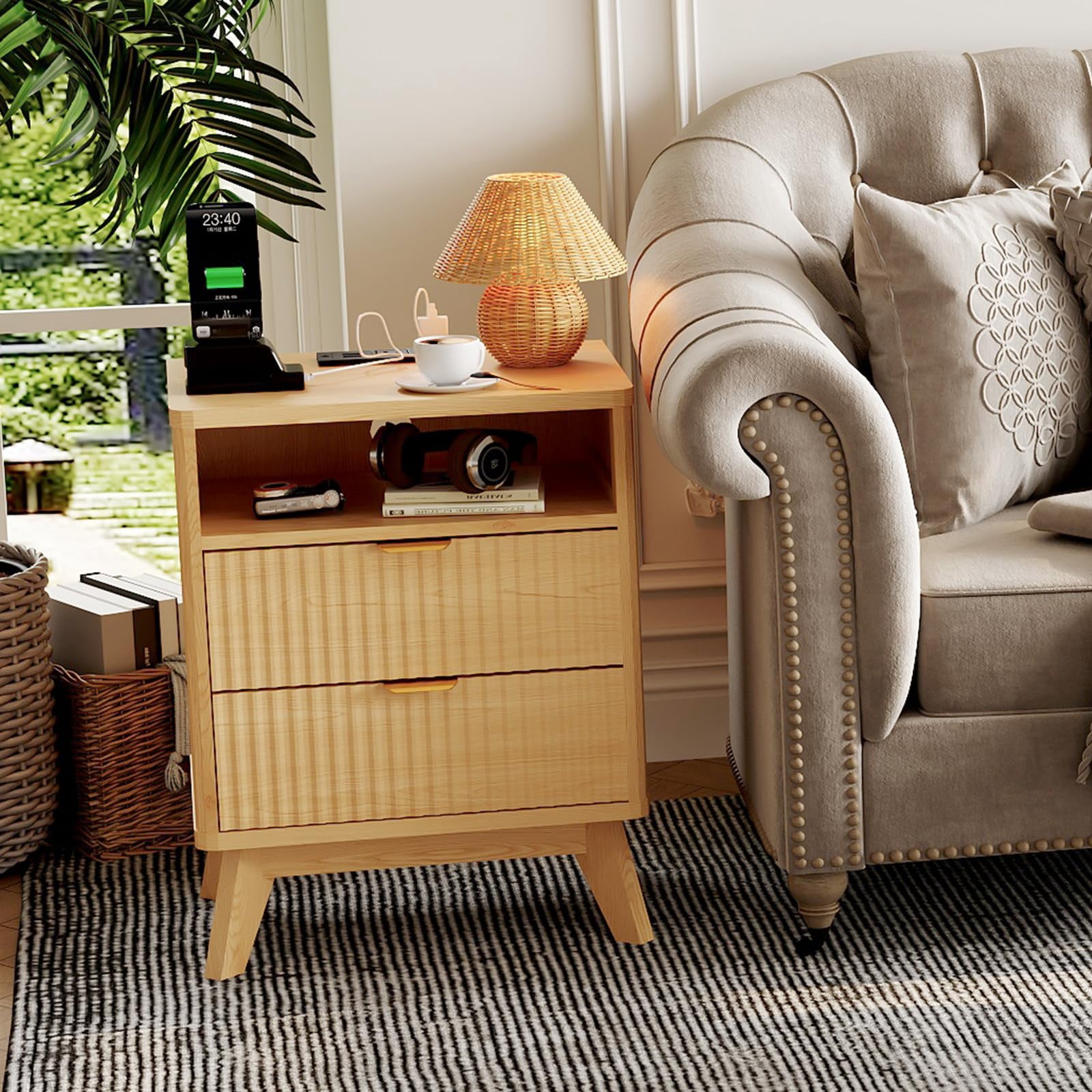 KOKEBREN Modern Nightstand with USB Charging Station - Wood Fluted Bedside Table with 2 Drawers & Open Shelf,Oak
