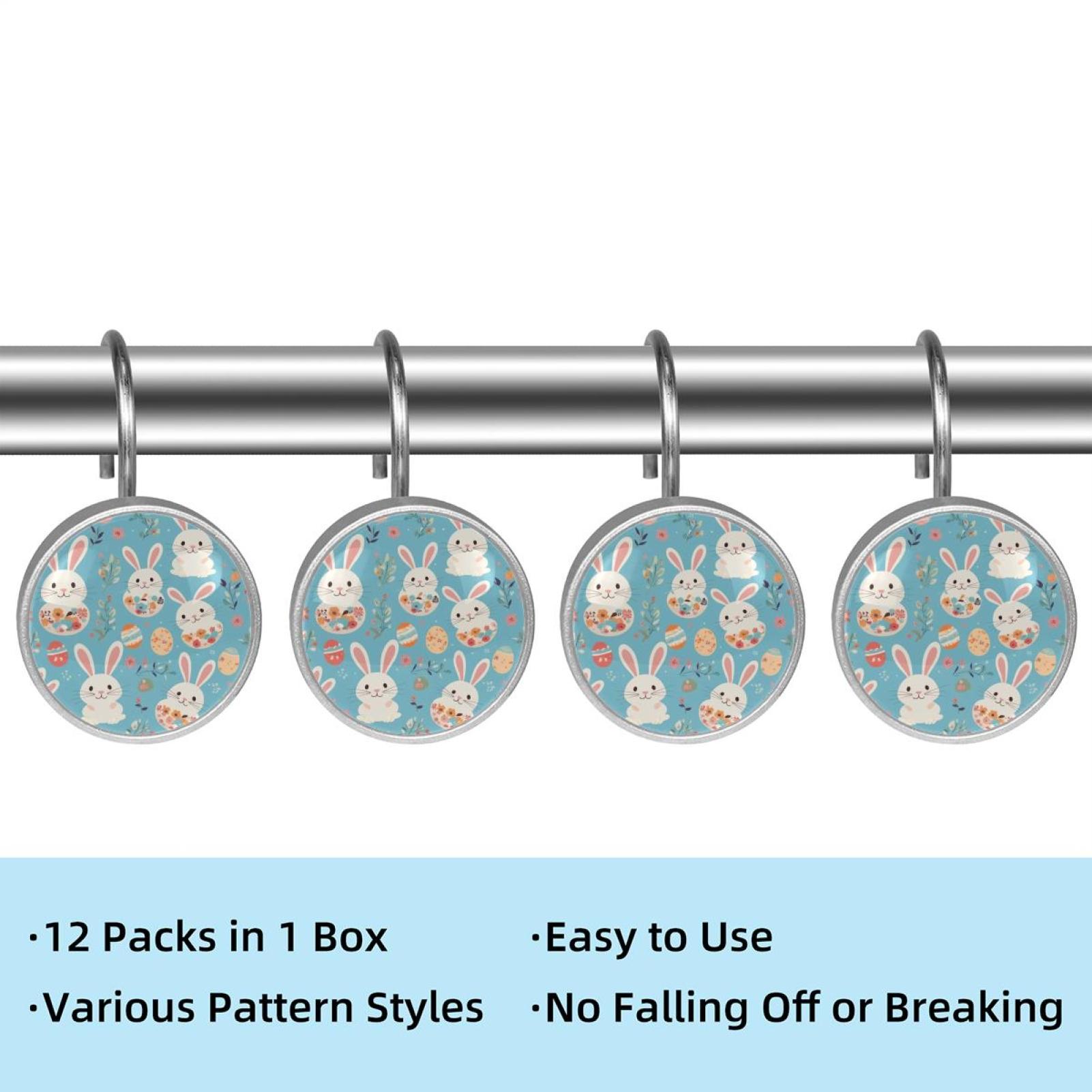 Imobaby 12 Pcs Metal Shower Curtain Hooks Rust Proof for Shower Curtain Liner - Blue Flower Little White Rabbit